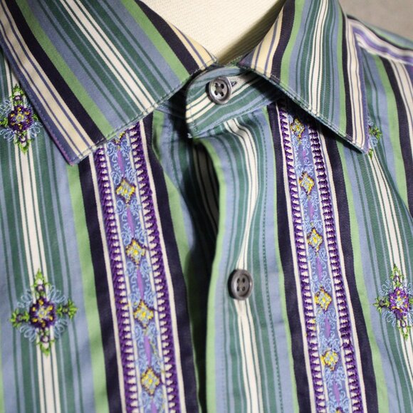 Robert Graham SZ LG Men's LS Shirt -Green, Navy & Mauve Striped, Embroidered - Picture 1 of 12